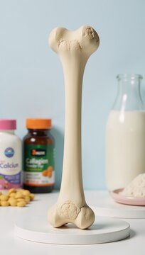 A medical-themed image showcases a healthy bone structure surrounded by calcium supplements collagen pills and other nutritional elements against a conceptual backdrop related to bone health