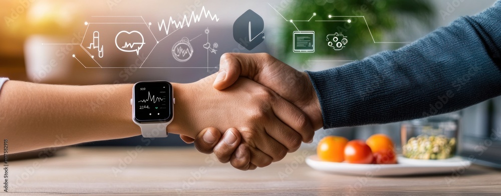 Aufkleber A handshake over a table with a smartwatch, symbolizing health and technology integration.