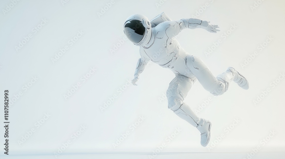 Poster A futuristic astronaut in a dynamic pose, suggesting movement in a minimalist environment.