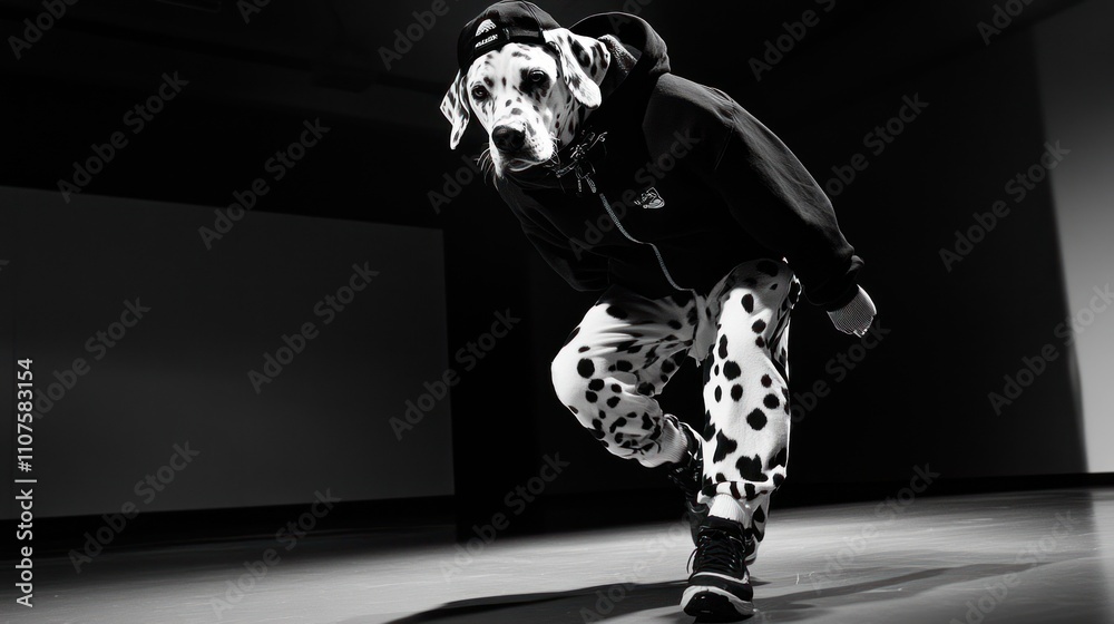 Leinwandbilder A person in a Dalmatian mask and patterned pants poses dynamically in a monochrome setting.