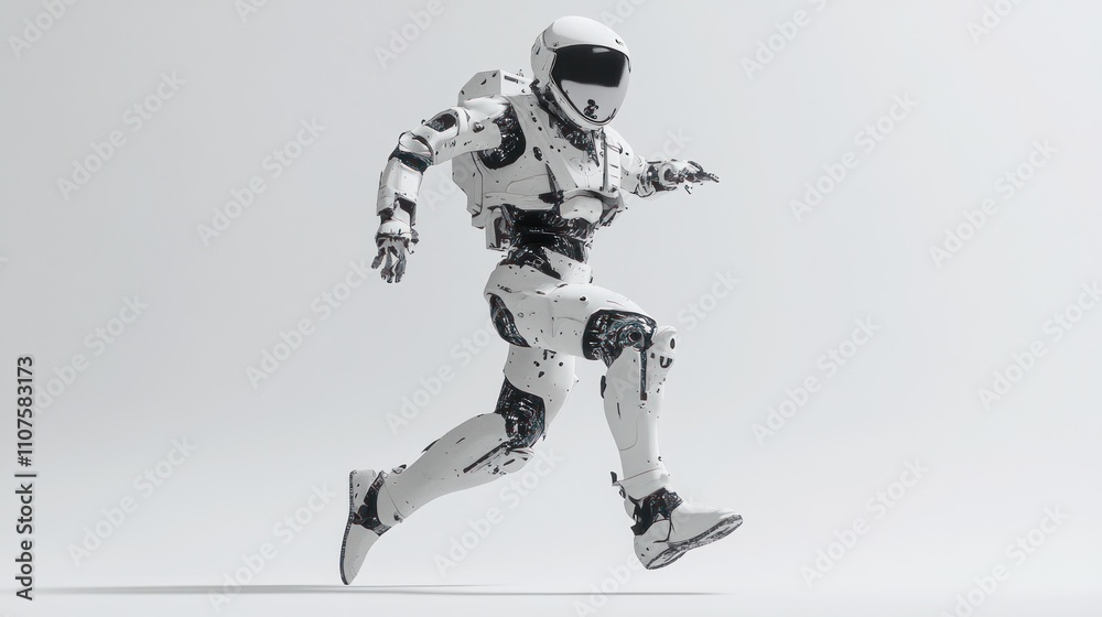 Poster A futuristic humanoid robot in a running pose, showcasing advanced robotics and design.