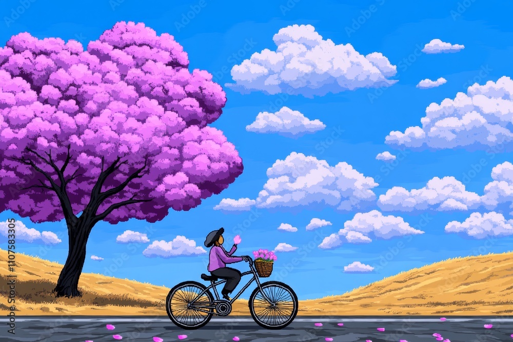 Poster a pixel art bicycle with a flower basket, animated with glowing petals and a small waving character 