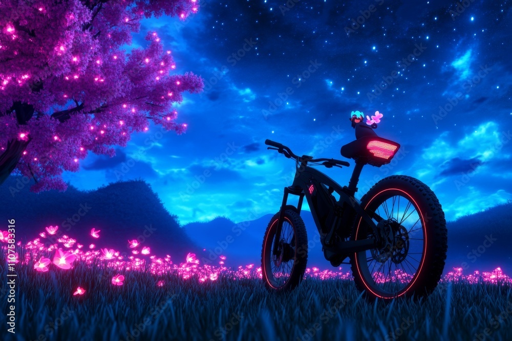 Poster A pixel art bicycle with a flower basket, animated with glowing petals and a small waving character riding it through a scenic pixelated field