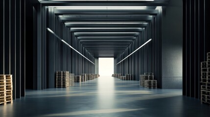 A modern warehouse with rows of pallets stacked efficiently, showcasing organized storage and smooth operations