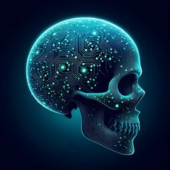 The image presents a striking depiction of a skull that merges organic and technological elements. The skull is intricately designed with a glowing surface, featuring a pattern of circuit board lines 