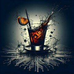 The image showcases an artistic representation of a cocktail in a glass, surrounded by dynamic visual effects that convey a sense of energy and movement. The drink, likely a dark beverage, is splashin