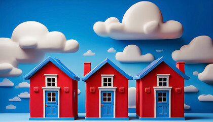 Charming Small Houses with Blue Roof and Blue Windows, cute miniature houses illustration and clouds on blue background