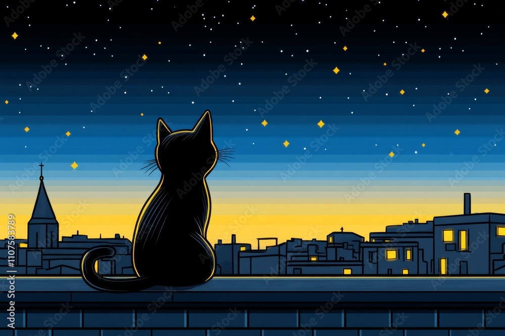 Poster a pixel art tabby cat sitting on a rooftop under a starry night, with tiny animated sparkles in the 