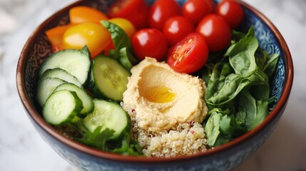 Healthy Quinoa Bowl with Hummus, Cucumbers, Tomatoes, and Spinach