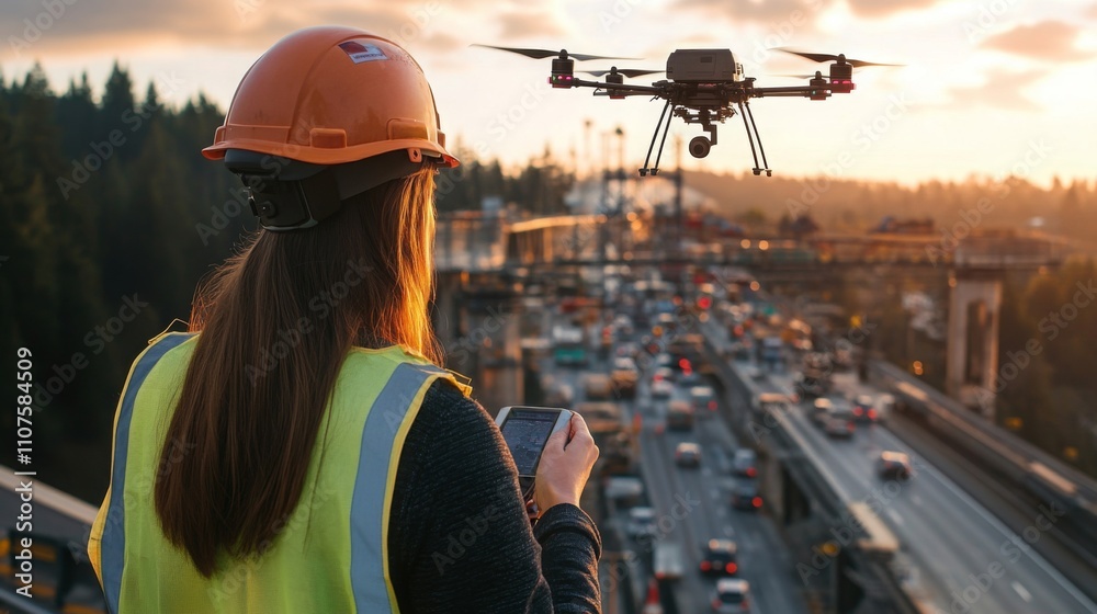 Aufkleber a woman wearing a hard hat and a safety vest stands on an elevated position using a handheld device 