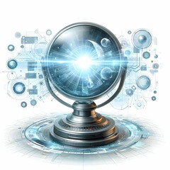 The image features a futuristic crystal ball mounted on a sleek metallic base. The ball itself is illuminated by a bright, radiant light at its center, emitting beams that suggest a sense of energy an
