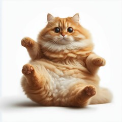 The image features an adorable, fluffy orange cat sitting in a playful pose. The cat has a round body and a soft, thick coat that emphasizes its chubby appearance. Its large, expressive eyes give it a