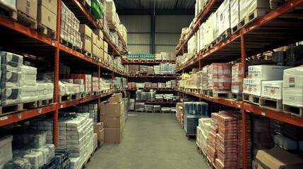 Warehouse shelves stacked with a variety of goods, neatly organized for fast and efficient access