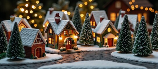 Fototapeta premium Warmly lit miniature Christmas village with snowy homes and coniferous trees exudes holiday cheer