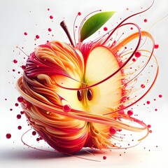 The image depicts a visually stunning apple that appears to be bursting with energy and creativity. It features vibrant swirls of red and orange colors that wrap around the fruit, enhancing its natura