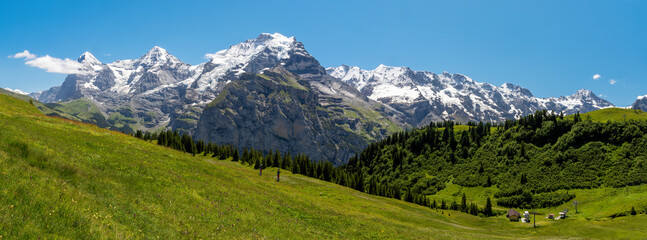 The panorama of Hineres Lauterbrunnental valley with the peaks  Eiger, Monch, Jungfrau,...