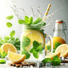 The image showcases a refreshing glass of lemonade in a jar, filled with ice, lemon slices, and fresh mint leaves. Water splashes dramatically from the glass, creating an energetic and vibrant scene. 