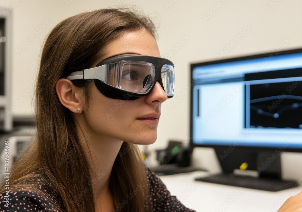 Aufkleber a woman wearing specialized glasses while working on a computer in a lab setting.