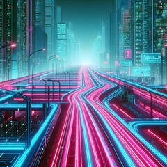 The image presents a vibrant, futuristic cityscape illuminated by neon lights. The scene features a network of roads that twist and turn with bright pink and blue lines, resembling a high-tech transpo
