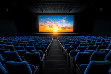 Naklejka premium A projection beam cutting through the darkness, illuminating a cinema screen with a bright, vivid scene