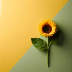The image features a bright sunflower against a split background of soft yellow and muted green. The sunflower, with its large, vibrant yellow petals and dark brown center, stands out as the focal poi