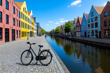 Fototapeta premium A quiet canal cutting through a European city, with bicycles parked along the cobblestone pathways