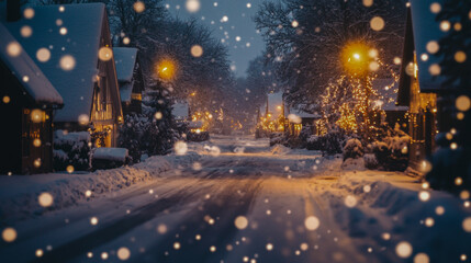 A picturesque winter Christmas village with gently falling snow, bright lights illuminating the scene, sparkling white-covered houses