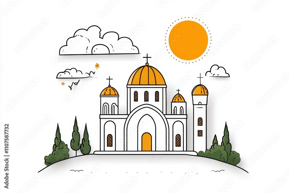 Poster a simple icon of a byzantine dome, drawn in bold lines with gold accents on a white background