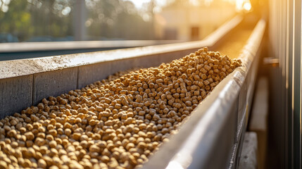 Obraz premium Conveyor belt transporting pellets in factory at sunset