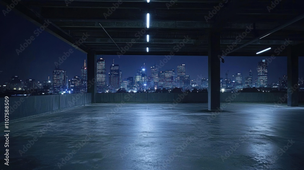 Aufkleber a nighttime view from an empty parking garage overlooking a city skyline.