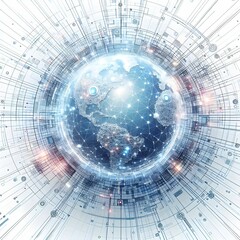 The image showcases a digital representation of Earth surrounded by a network of interconnected lines and nodes, evoking a futuristic and technological theme. The globe is depicted in shades of blue a