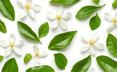 A picture of a delicate collection of white flowers and green leaves, captured in natural light against a pale background.