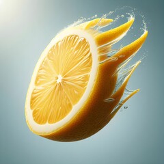 The image features a vibrant slice of lemon appearing to soar through the air, with a dynamic and eye-catching design. The lemon slice is bright yellow, showcasing its juicy, segmented interior. It is