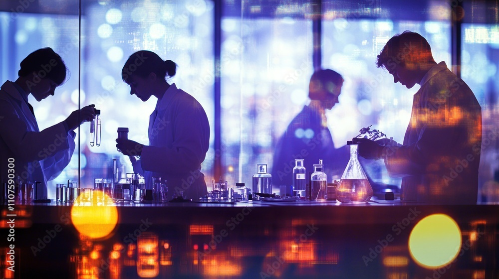 Poster scientists working in a laboratory, conducting experiments with glassware and equipment.