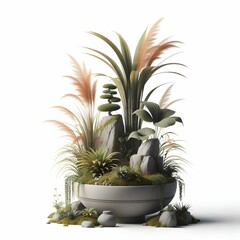 The image features a beautifully designed arrangement of lush greenery in a modern, circular planter. The display includes a variety of plants, such as tall, graceful grass-like blades and a small, st