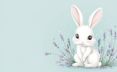 Obraz premium A cartoon rabbit laughing while sitting amidst flowers on a light green background.