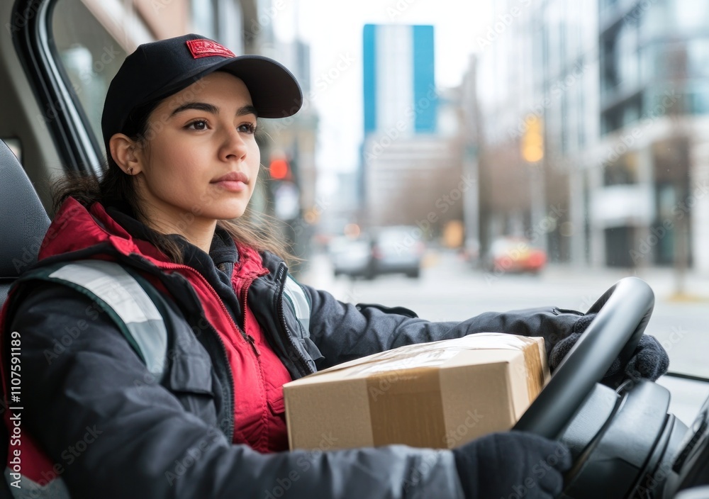 Poster A delivery driver focused on navigating the city while holding a package.