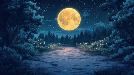 Fototapeta premium Bright Full Moon Illuminating A Lush Forest Pathway At Night