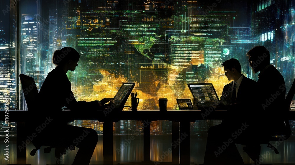 Poster A team working on advanced technology in a modern office with digital displays.