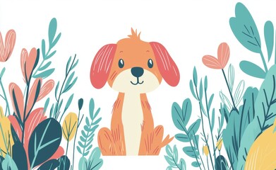 A cute dog is depicted standing in a tropical garden, amidst bright foliage and greenery.