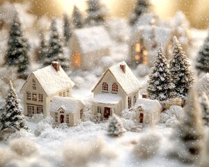 Fototapeta premium A charming winter scene featuring miniature snow-covered houses surrounded by trees, evoking a cozy holiday atmosphere.