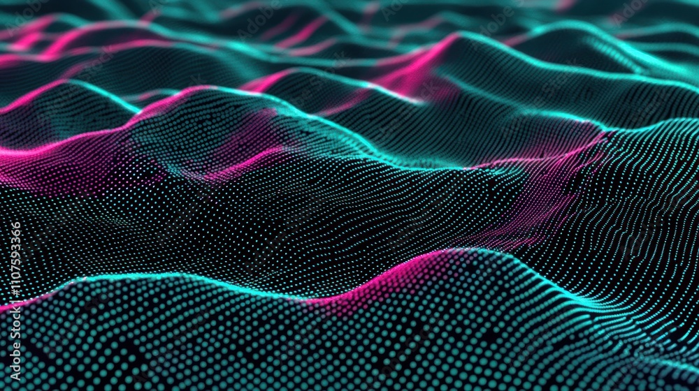 Poster Abstract digital landscape with vibrant waves and patterns.