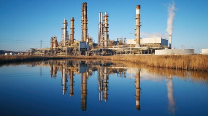 Obraz premium An oil refinery plant reflected in calm water, blending serene natural beauty with the industrial environment