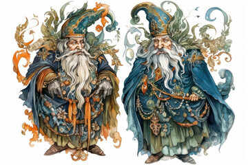 Fototapeta premium two figures of an old wizard with long gray beards. They are dressed in rich, ornate robes of deep blue, decorated with various details and symbols. 