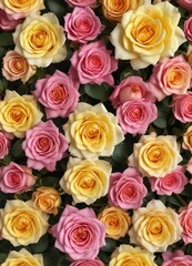 Fototapeta premium Pink and yellow roses arranged in a seamless pattern, feminine, summer