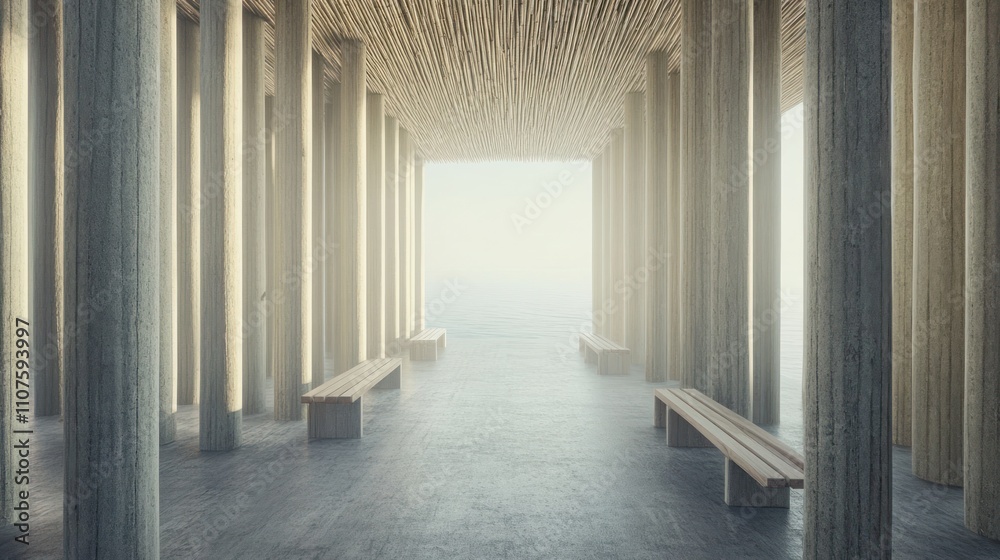 Poster a serene architectural space with wooden benches and tall pillars, creating a tranquil atmosphere.