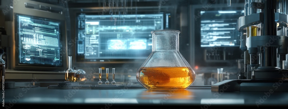 Poster A laboratory scene with a flask containing orange liquid, surrounded by scientific equipment.