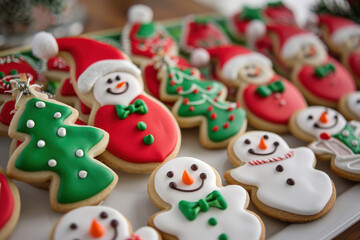 Obraz premium Festive Christmas cookies decorated with colorful icing in holiday shapes, perfect for celebrating the season with sweetness.