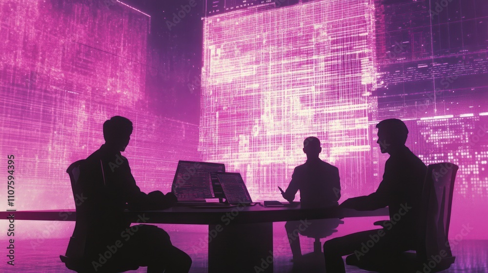 Poster silhouetted figures in a tech-focused meeting, surrounded by digital data displays.
