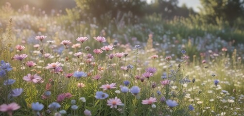 Obraz premium A variety of pastel-colored wildflowers in a dreamy, ethereal field, foggy, whimsical, enchanting